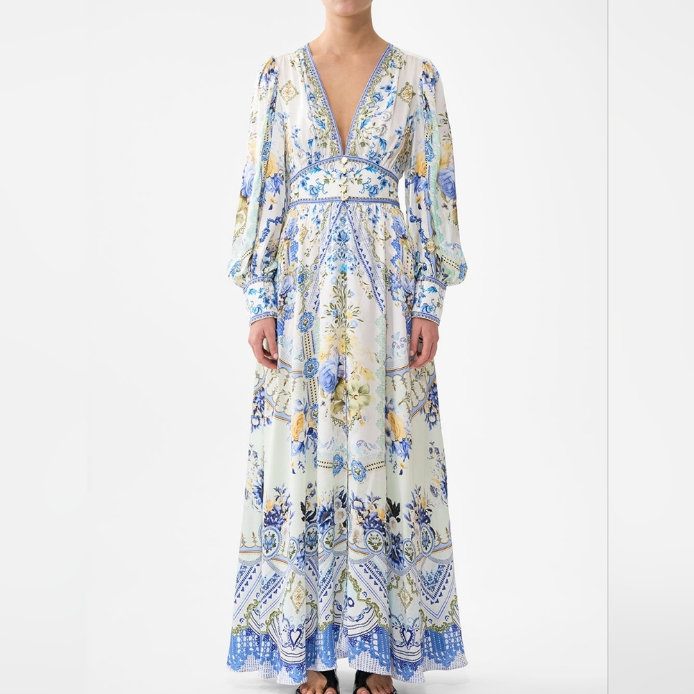 Camilla shaped waistband dress with gathered sleeves
